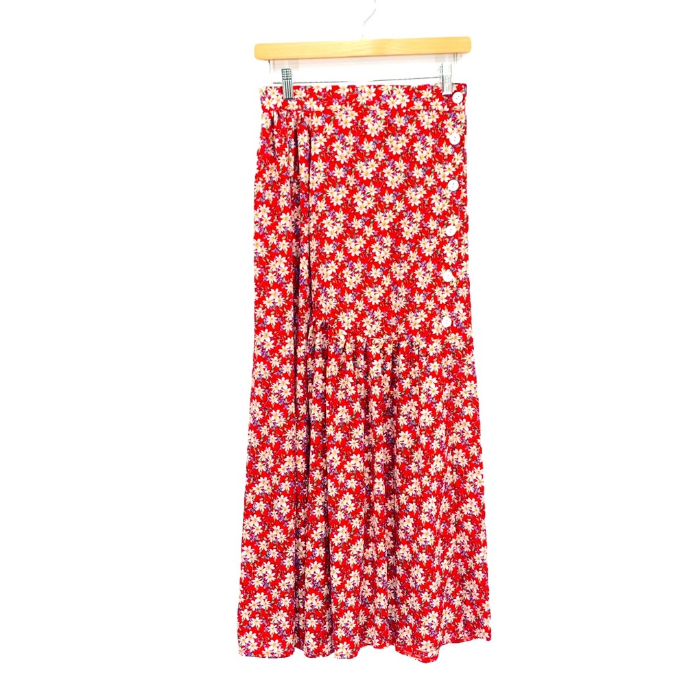Red Dainty Floral Print Cottagecore Maxi Skirt Size Small Broom Skirt